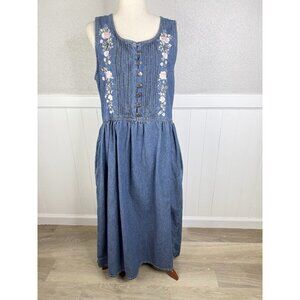 Vtg Denim Maxi Dress M Sleeveless Jumper Floral Embroidery Cottagecore 90s